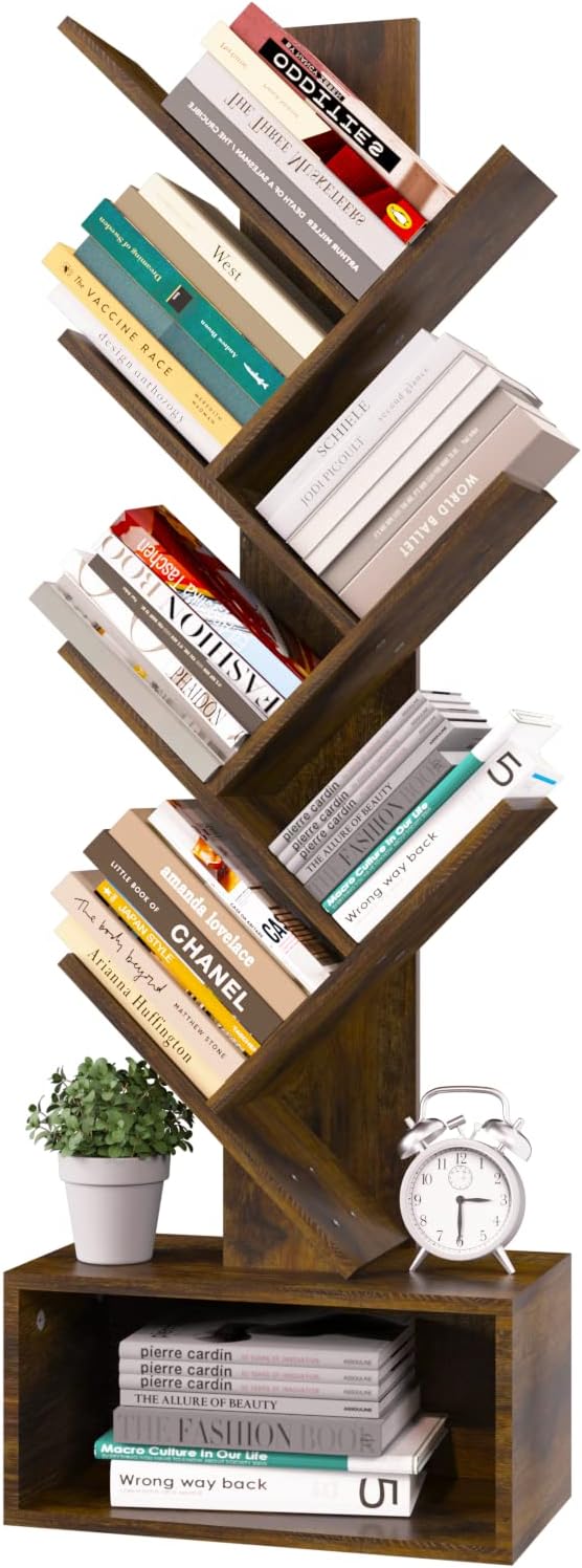 Home Office Bookshelves - Yoobure Tree Bookshelf - 6段レトロフロアスタンド型本棚、CD/映画/書籍用背の高い木製本収納ラック、寝室、リビングルーム、ホームオフィス用ユーティリティブックオーガナイザーシェルフ、ラスティックブラウン