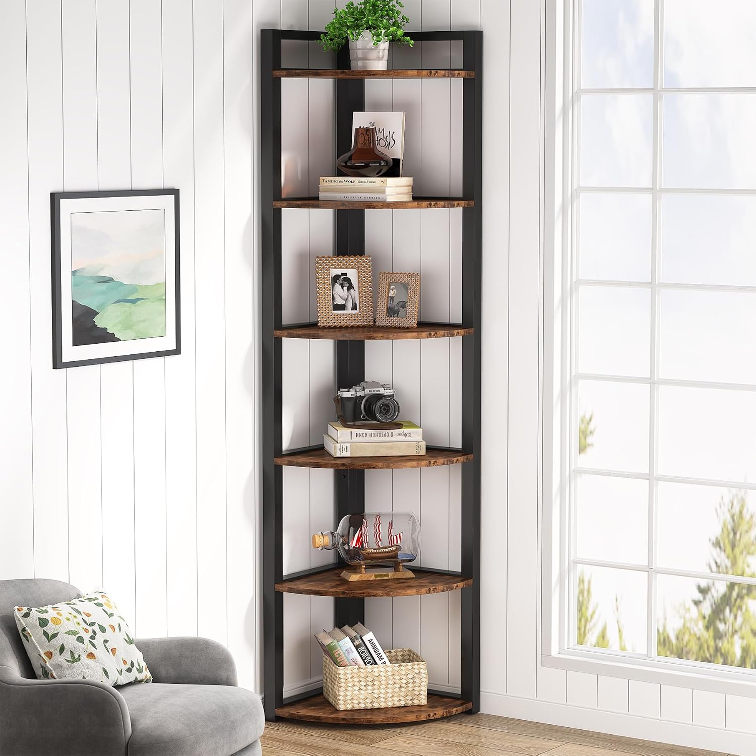 Home Office Bookshelves - Tribesigns 6段コーナーシェルフ、高さ70.9インチのコーナーブックシェルフ、小型本棚、ラスティックなコーナーシェルフユニット、リビングルーム、ホームオフィス、キッチン、狭いスペース用収納ラック