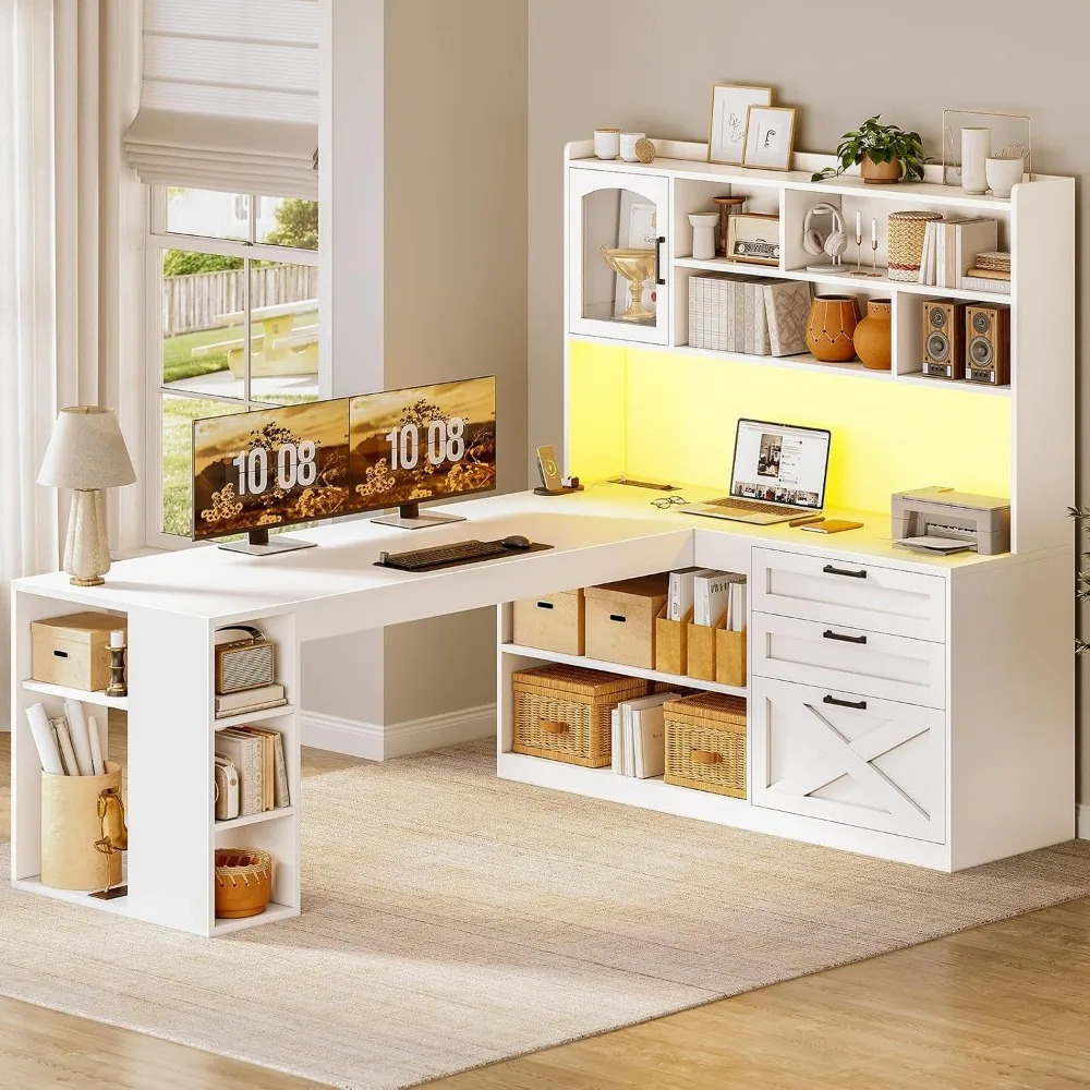 Home Office L Shaped Desk - SEDETA ファームハウス L 字型オフィスデスク 引き出し付き、61 インチのコンピューターデスク、収納棚と電源コンセント付き、LED