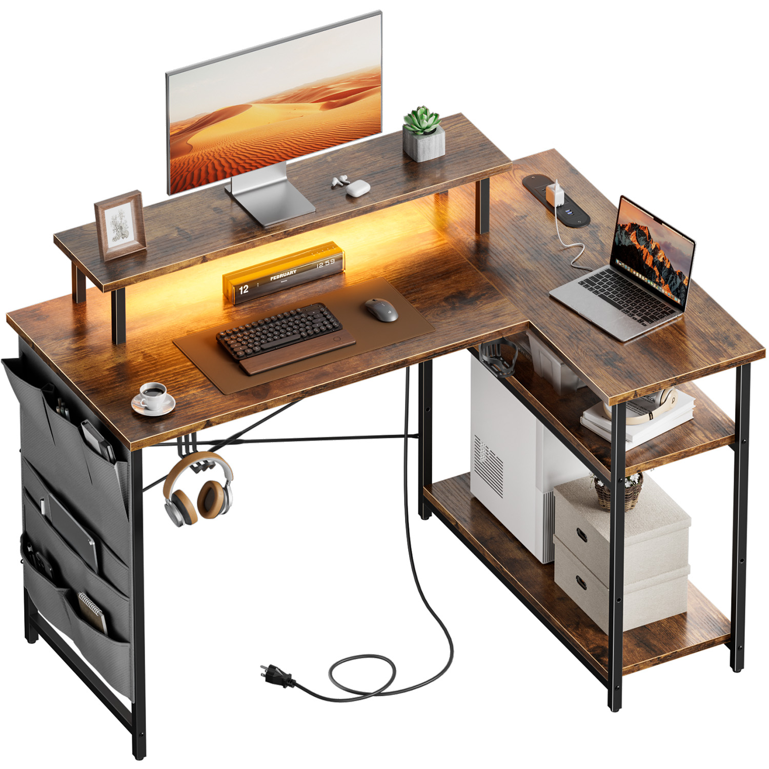 Home Office L Shaped Desk - L字型コンピューターデスク、電源コンセントとLED照明、人間工学に基づいたモニタースタンド、サイド収納ポケット、取り外し可能な棚、頑丈なX字型金属フレームのコーナーゲーミングデスク—ホームオフィスに最適、複数の色をご用意。