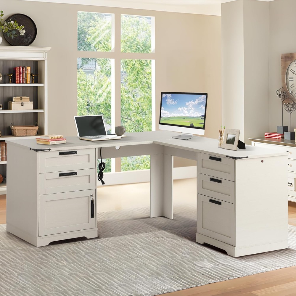 Home Office L Shaped Desk - 60インチのL字型エグゼクティブデスク（引き出し付き）、ファームハウススタイルのホームオフィスデスク（充電ステーション付き）