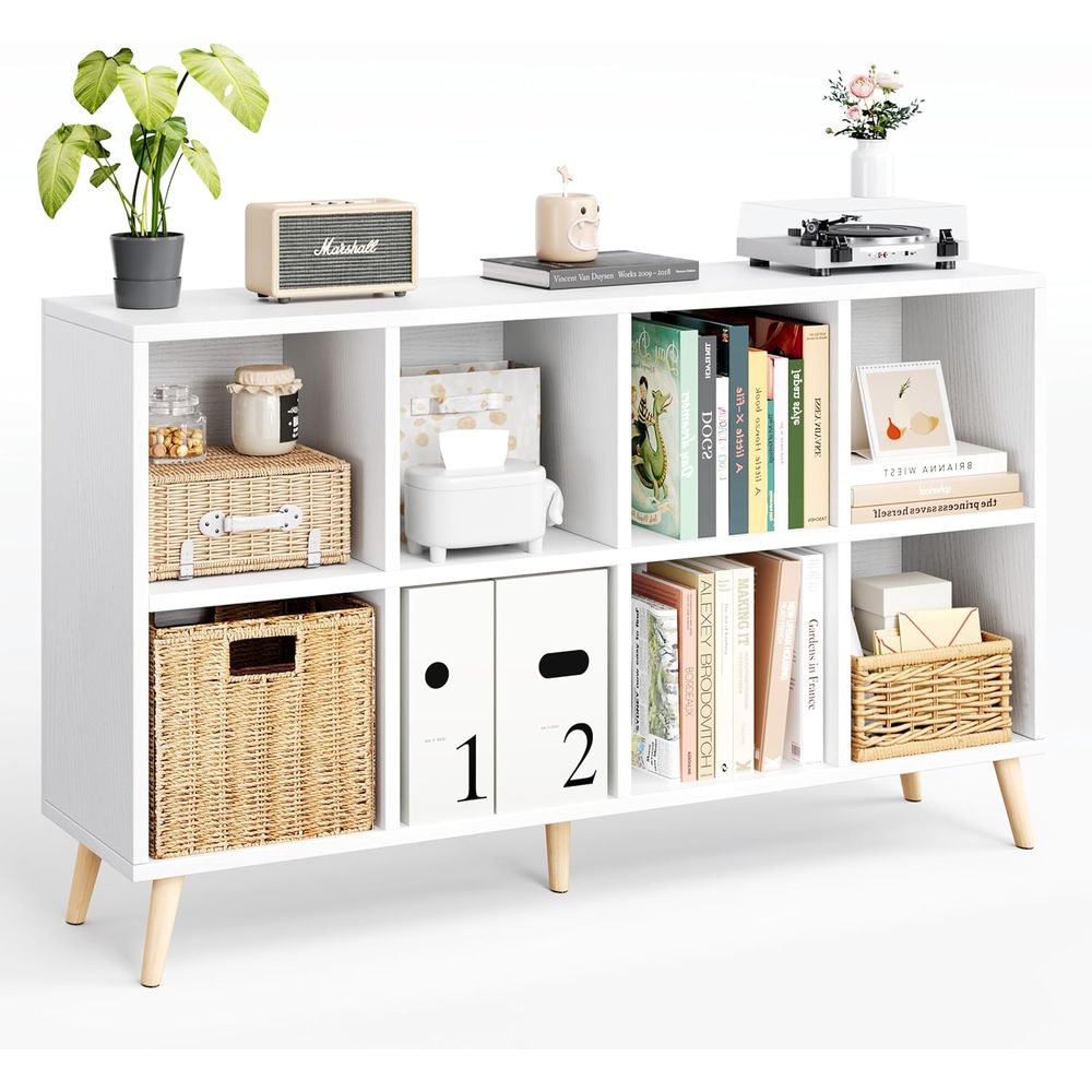 Home Office Bookshelves - 2段木製本棚 脚付き、11棚開口部、高さ47、ホームオフィス用収納オーガナイザー、ホワイト