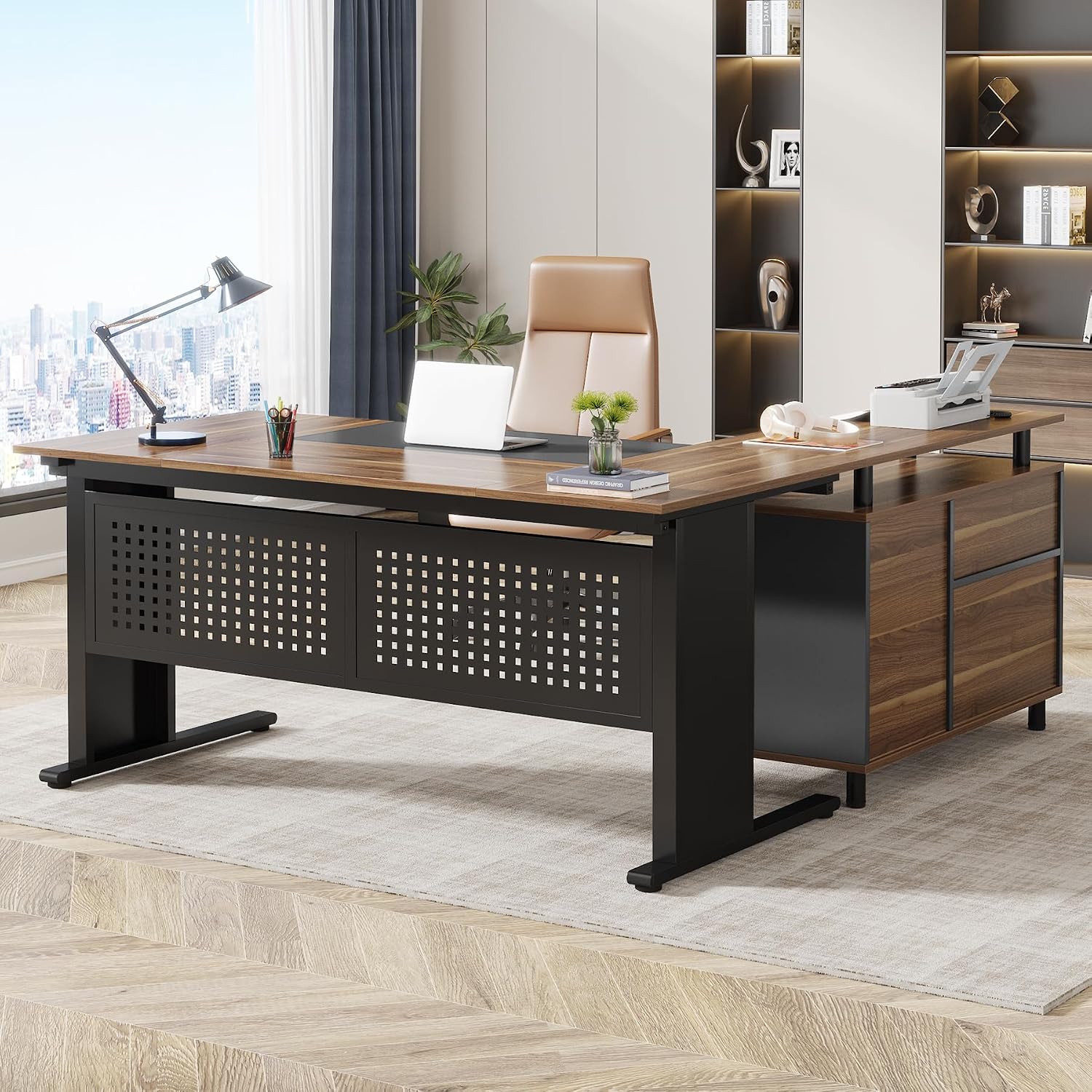 Home Office L Shaped Desk - 63インチL字型エグゼクティブデスク、ファイリングキャビネット収納棚付き、ファイル引き出し付きコンピューターデスク、木製デスクトップ、金属フレーム、ホームオフィス用ワークステーション家具、ブラウンブラック