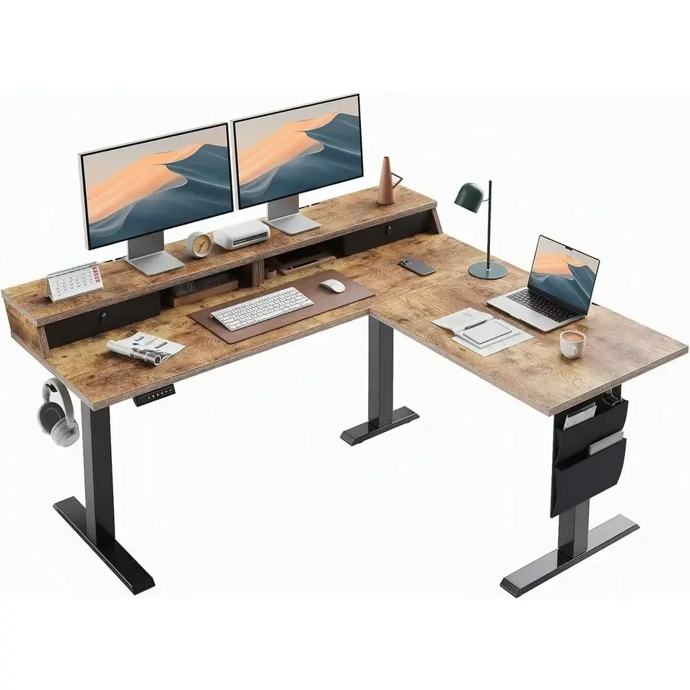 Home Office L Shaped Desk - ヴィンテージブラウンL字型電動スタンディングデスク、63段階高さ調節可能な収納付きデスク（ホームオフィス用）