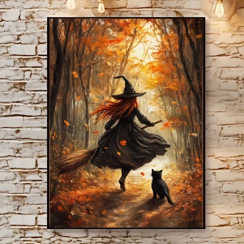 Home Office Photos - レトロなハロウィン秋の魔女がほうきに乗る壁アートプリントキャンバス絵画ポスター、リビングルーム、寝室の家の装飾に。