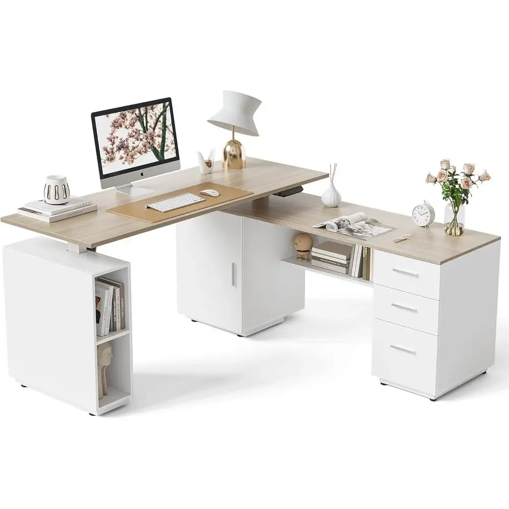 Home Office L Shaped Desk - 63インチL字型スタンディングデスク、3段引き出しキャビネット付き、ホワイト/ライトウォールナット天板、ホームオフィスデスク