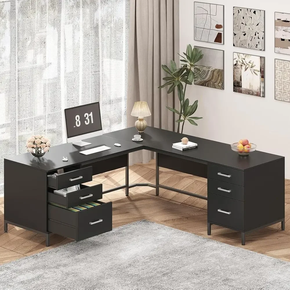 Home Office L Shaped Desk - 大型L字型木製デスク、収納キャビネット付き、ホームオフィス、エグゼクティブの執筆や学習に最適、ブラック