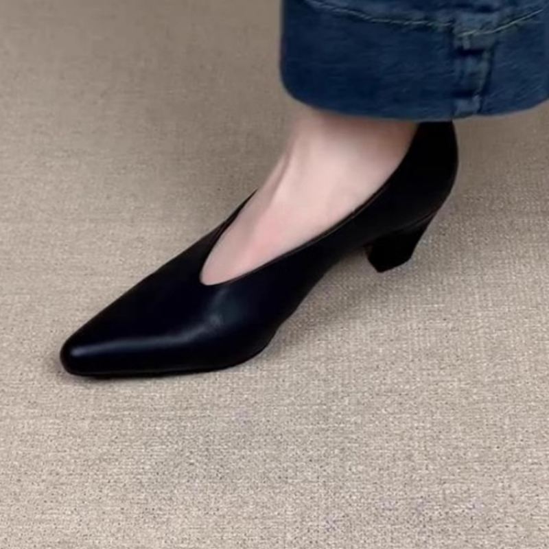 Home Office Makeover - 2025年新作 レディース ポインテッドトゥチャンキーヒールパンプス - フレンチレトロローカットドレスシューズ オフィス向け