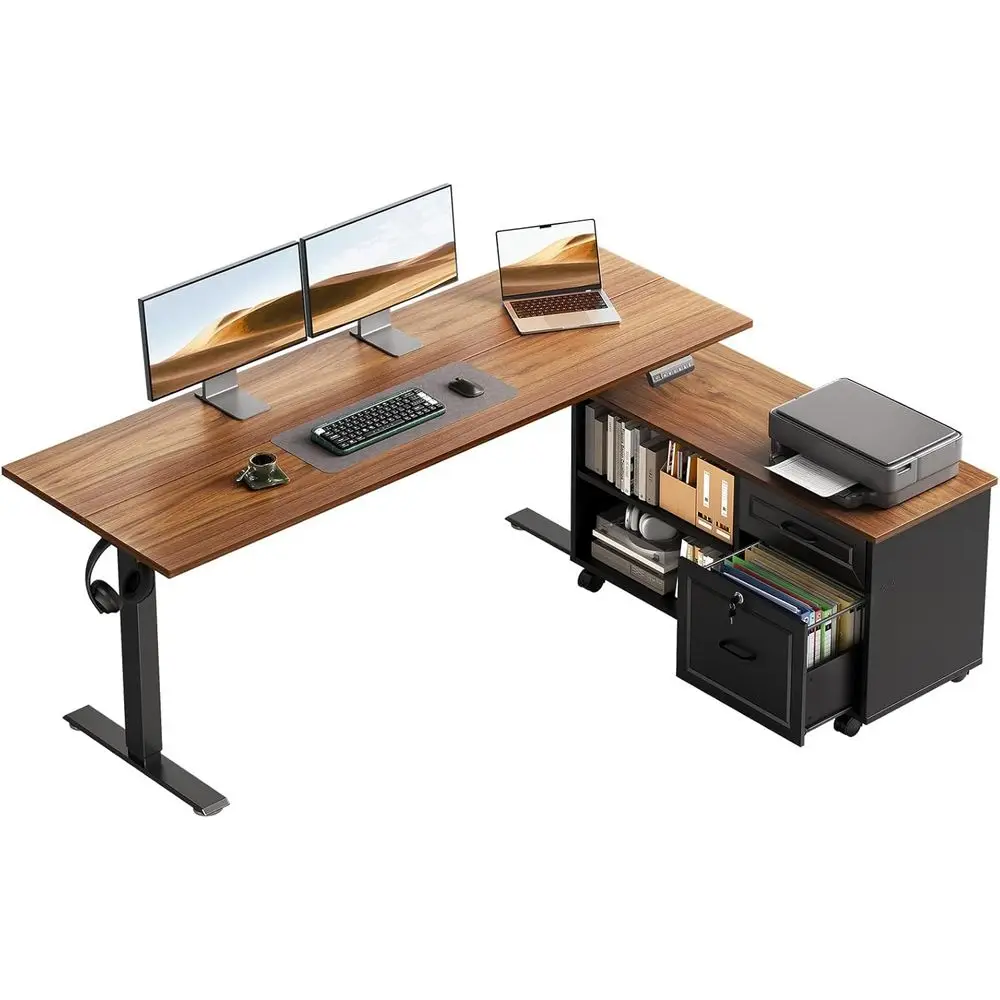 55インチのL字型電動デスク、引き出しとキャビネット付き、エ - Home Office L Shaped Desk のレビューと価格