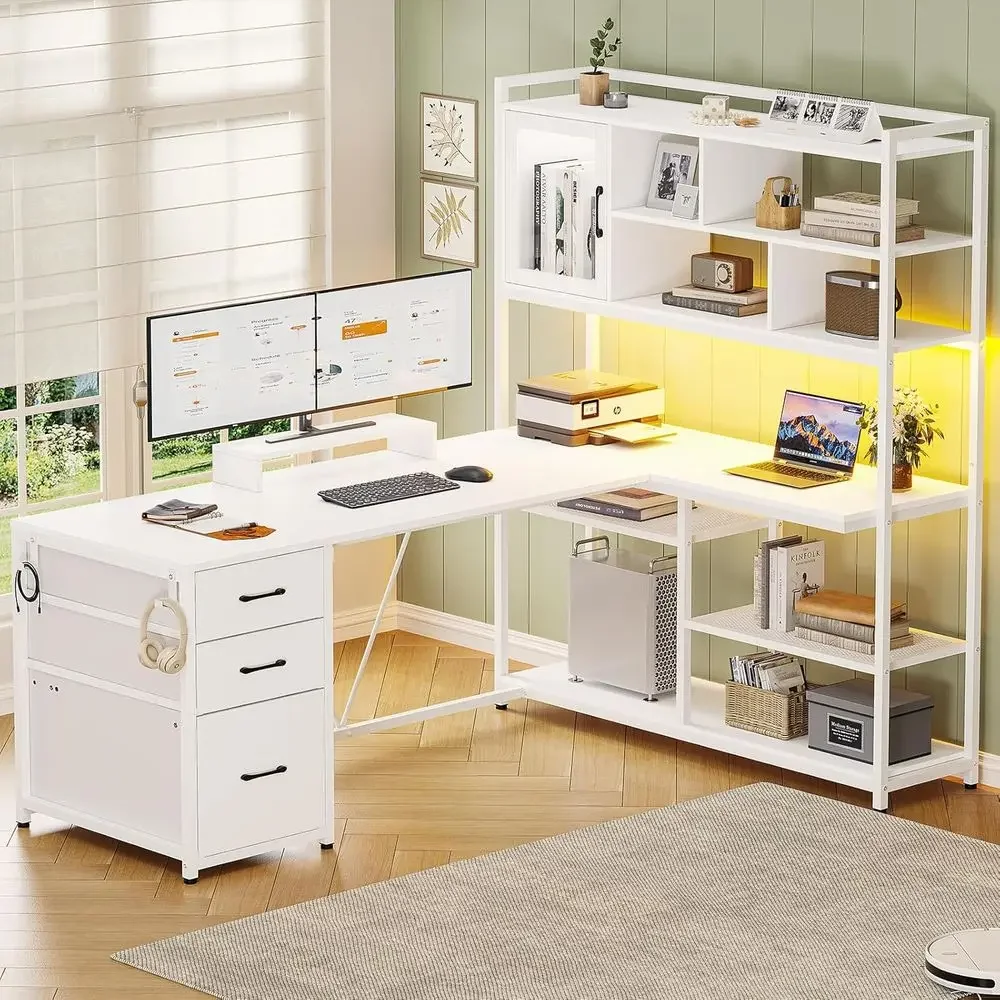 58インチL字型デスク、収納付き、3つの引き出し、本棚、LE - Home Office L Shaped Desk のレビューと価格