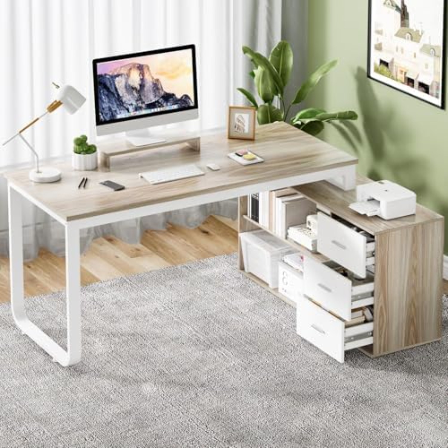 55インチ L字型オフィスデスク 引き出し付き、ホワイトとウ - Home Office L Shaped Desk のレビューと価格