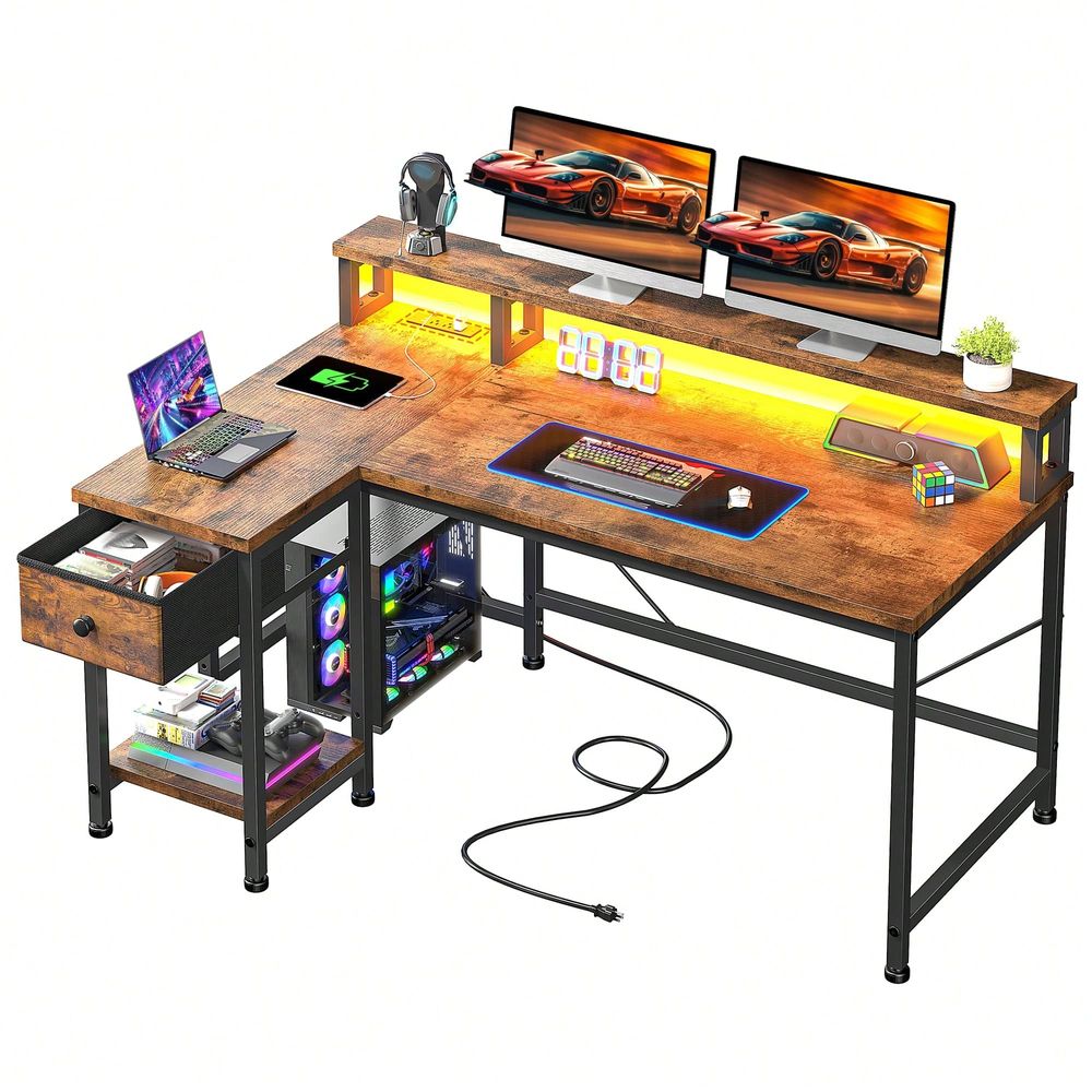 ブラウンのL字型ゲーミングデスク（電源コンセント付き）、LE - Home Office L Shaped Desk のレビューと価格