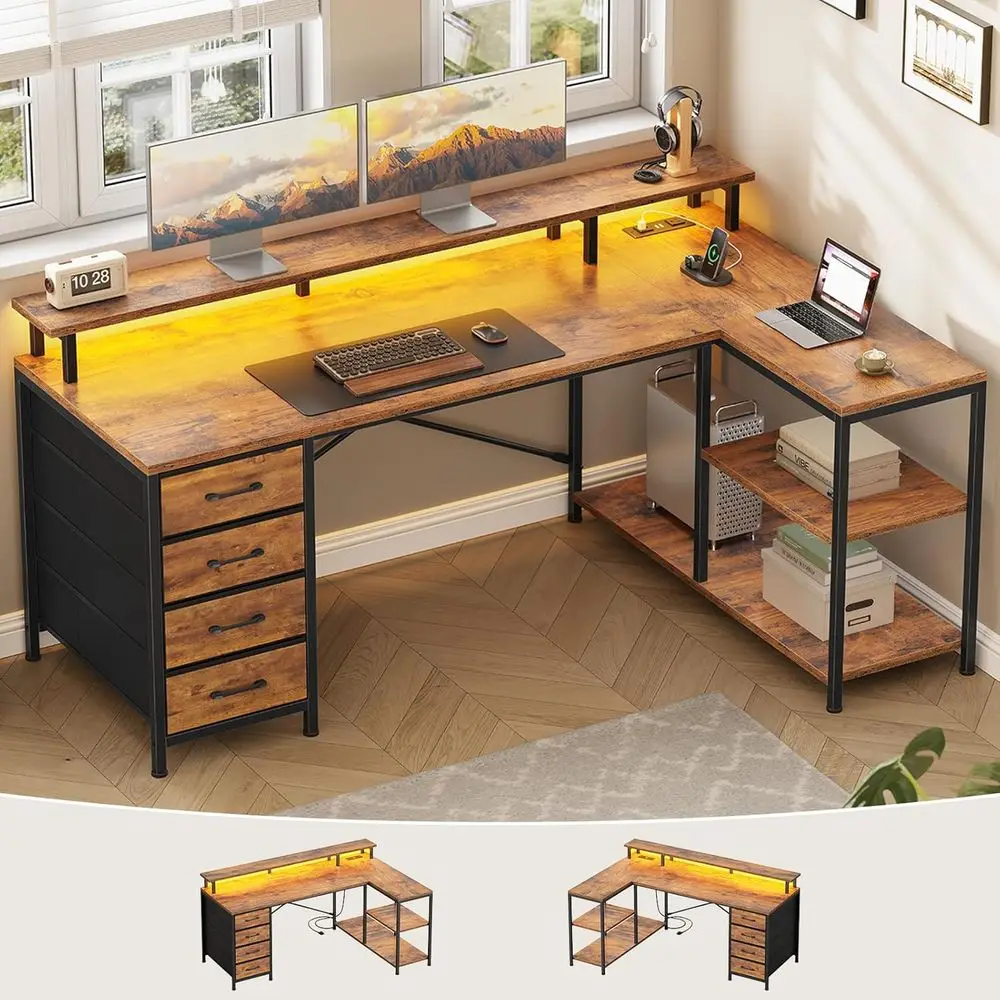 L字型デスク、4つの引き出し、収納棚、LEDライト、電源コン - Home Office L Shaped Desk のレビューと価格