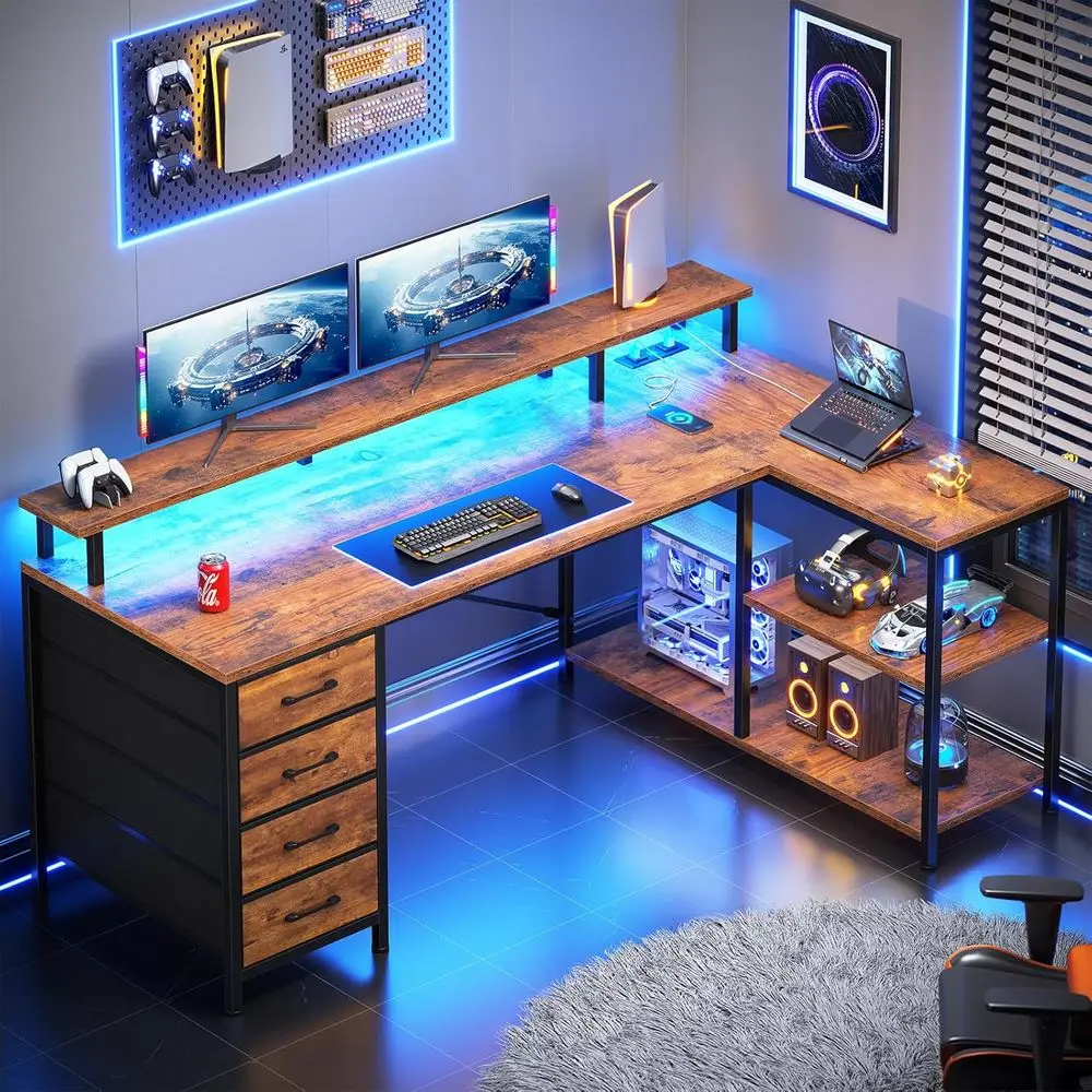 L字型デスク、4つの引き出し、収納棚、LEDライト、電源コン - Home Office L Shaped Desk のレビューと価格