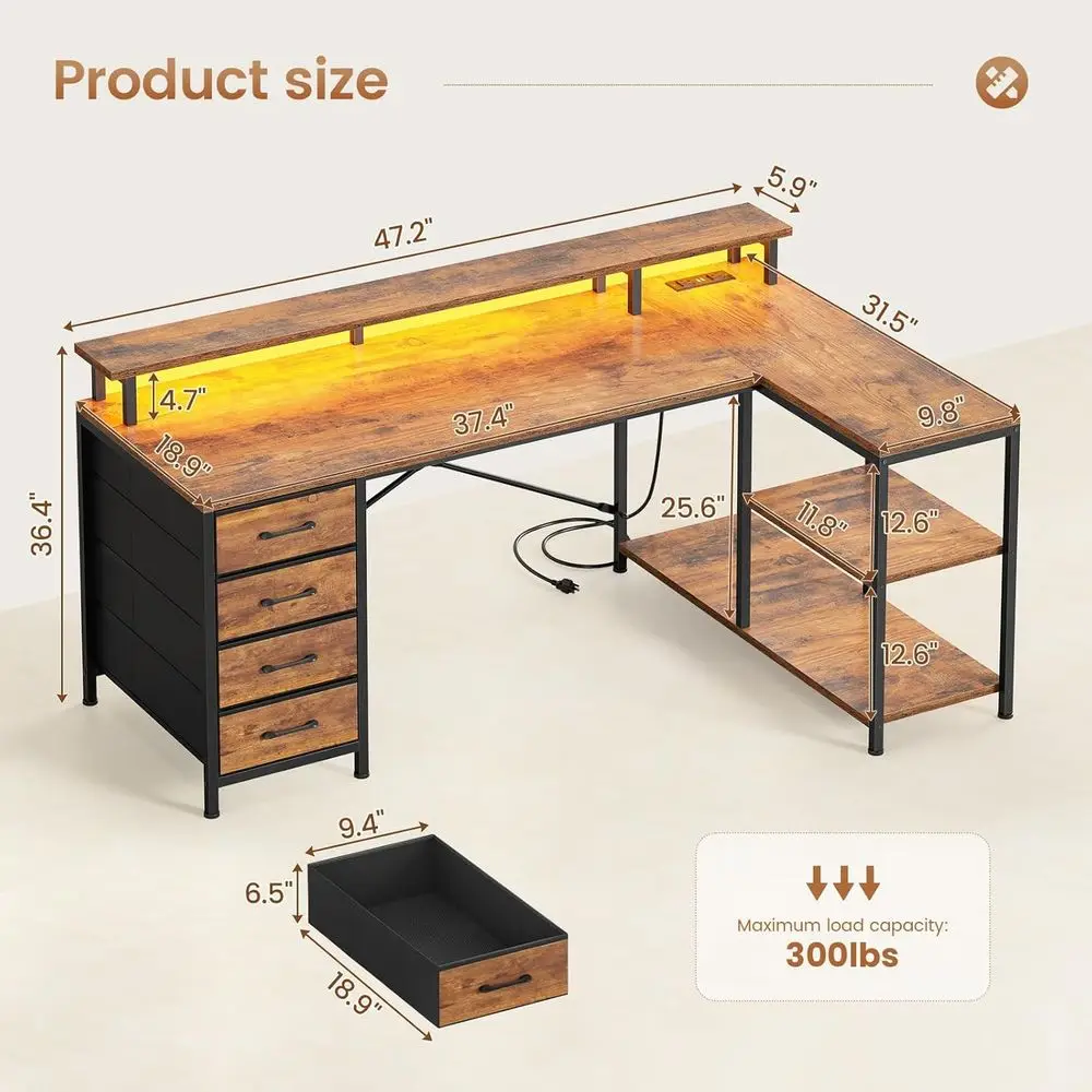 L字型デスク、4つの引き出し、収納棚、LEDライト、電源コン - Home Office L Shaped Desk のレビューと価格