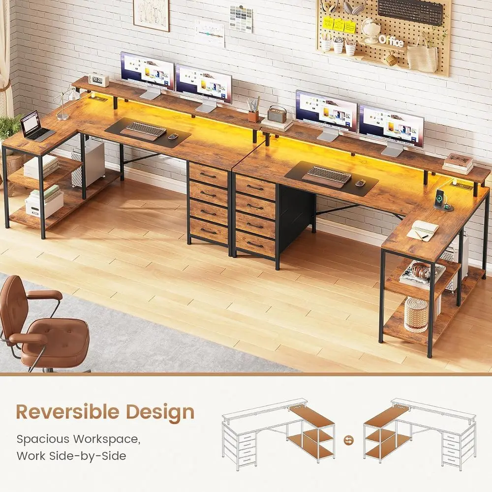 L字型デスク、4つの引き出し、収納棚、LEDライト、電源コン - Home Office L Shaped Desk のレビューと価格