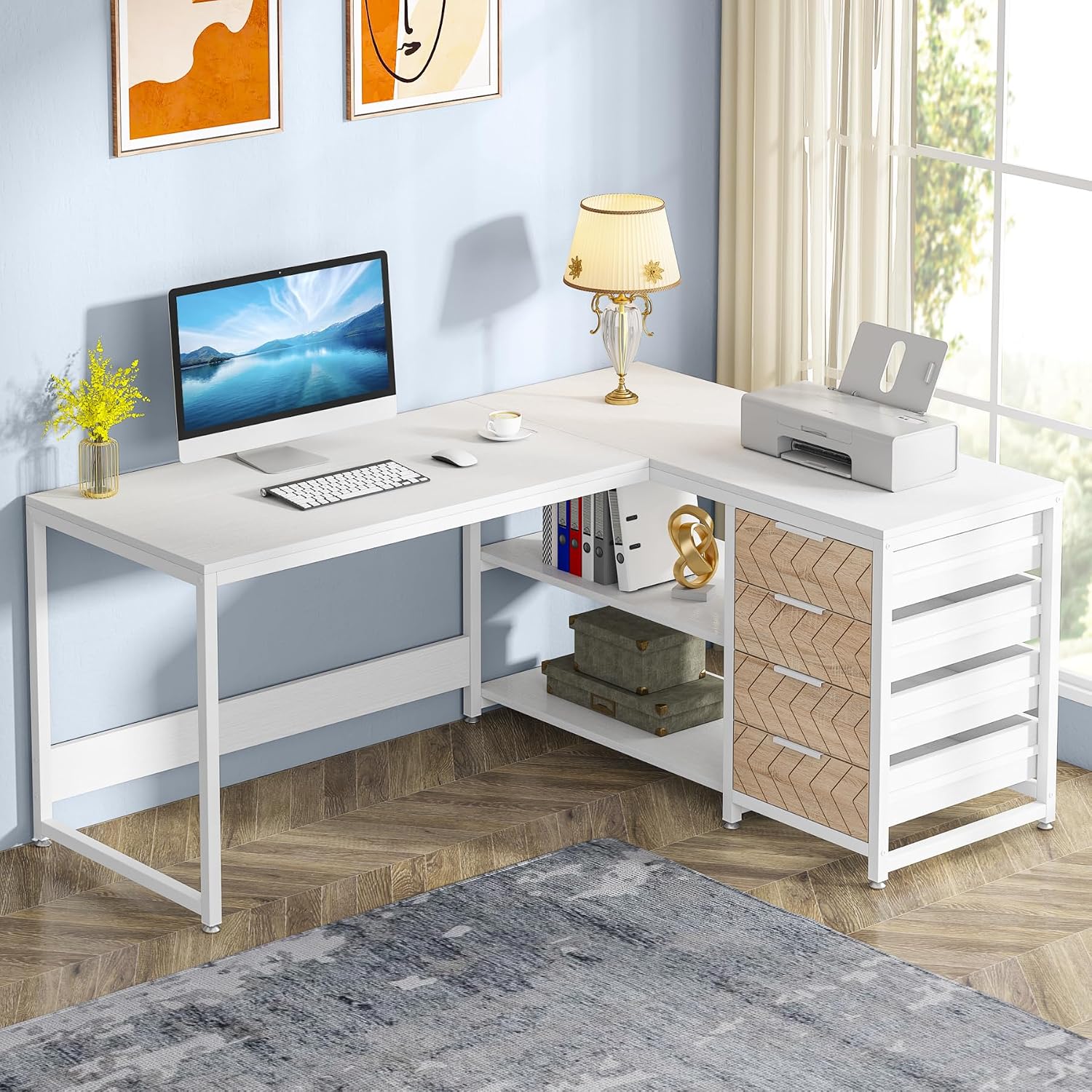 L字型コンピューターデスク（引き出しと棚付き）、59インチリ - Home Office L Shaped Desk のレビューと価格
