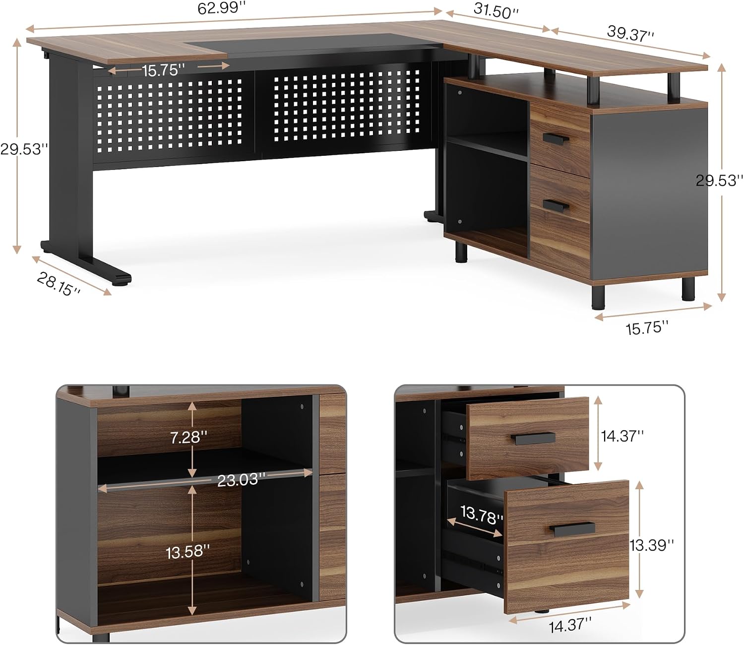 63インチL字型エグゼクティブデスク、ファイリングキャビネッ - Home Office L Shaped Desk のレビューと価格