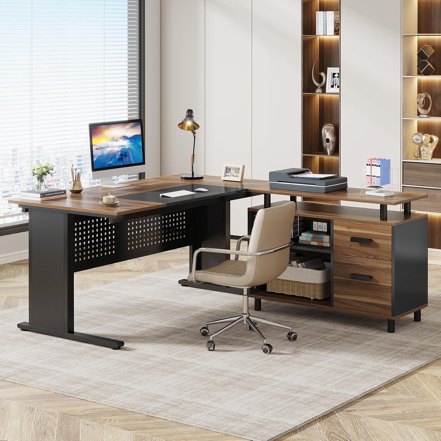 63インチL字型エグゼクティブデスク、ファイリングキャビネッ - Home Office L Shaped Desk のレビューと価格