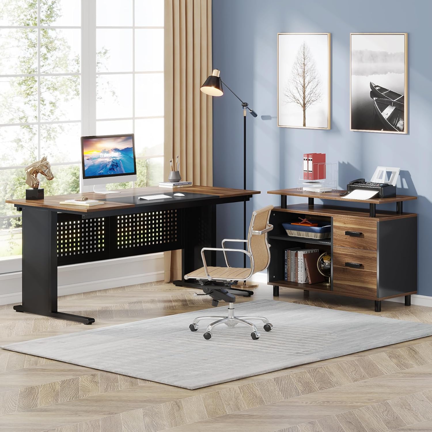 63インチL字型エグゼクティブデスク、ファイリングキャビネッ - Home Office L Shaped Desk のレビューと価格