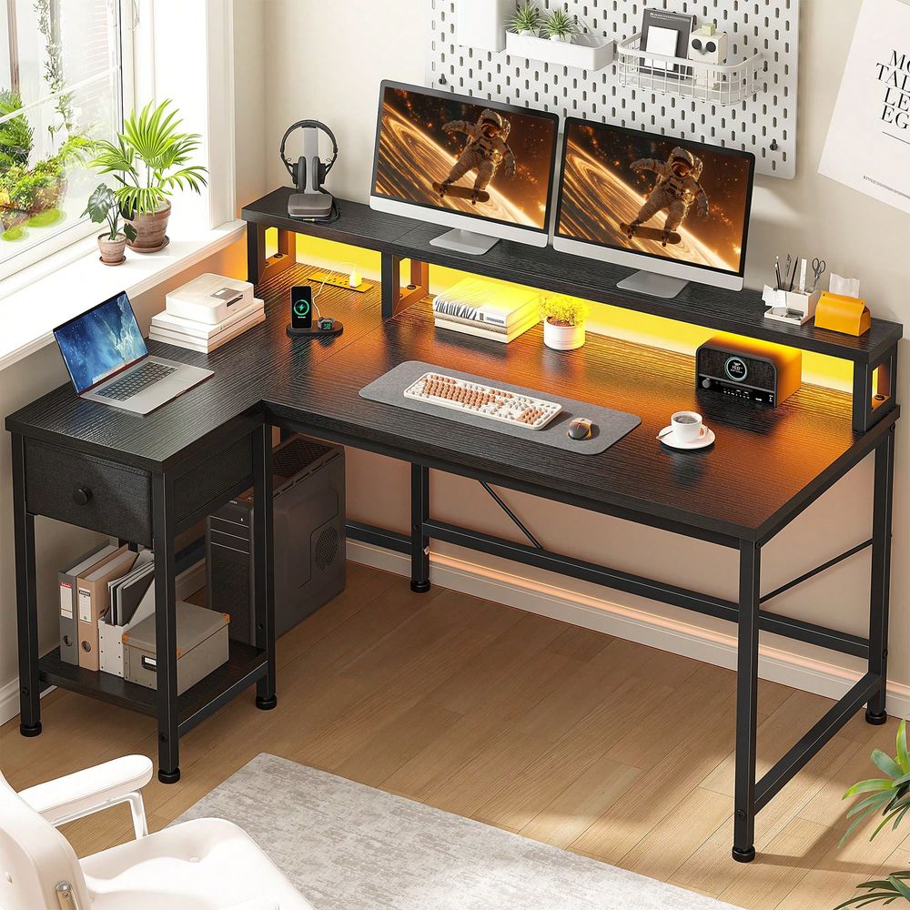黒色のL字型ゲーミングデスク（電源コンセント付き）、LEDラ - Home Office L Shaped Desk のレビューと価格
