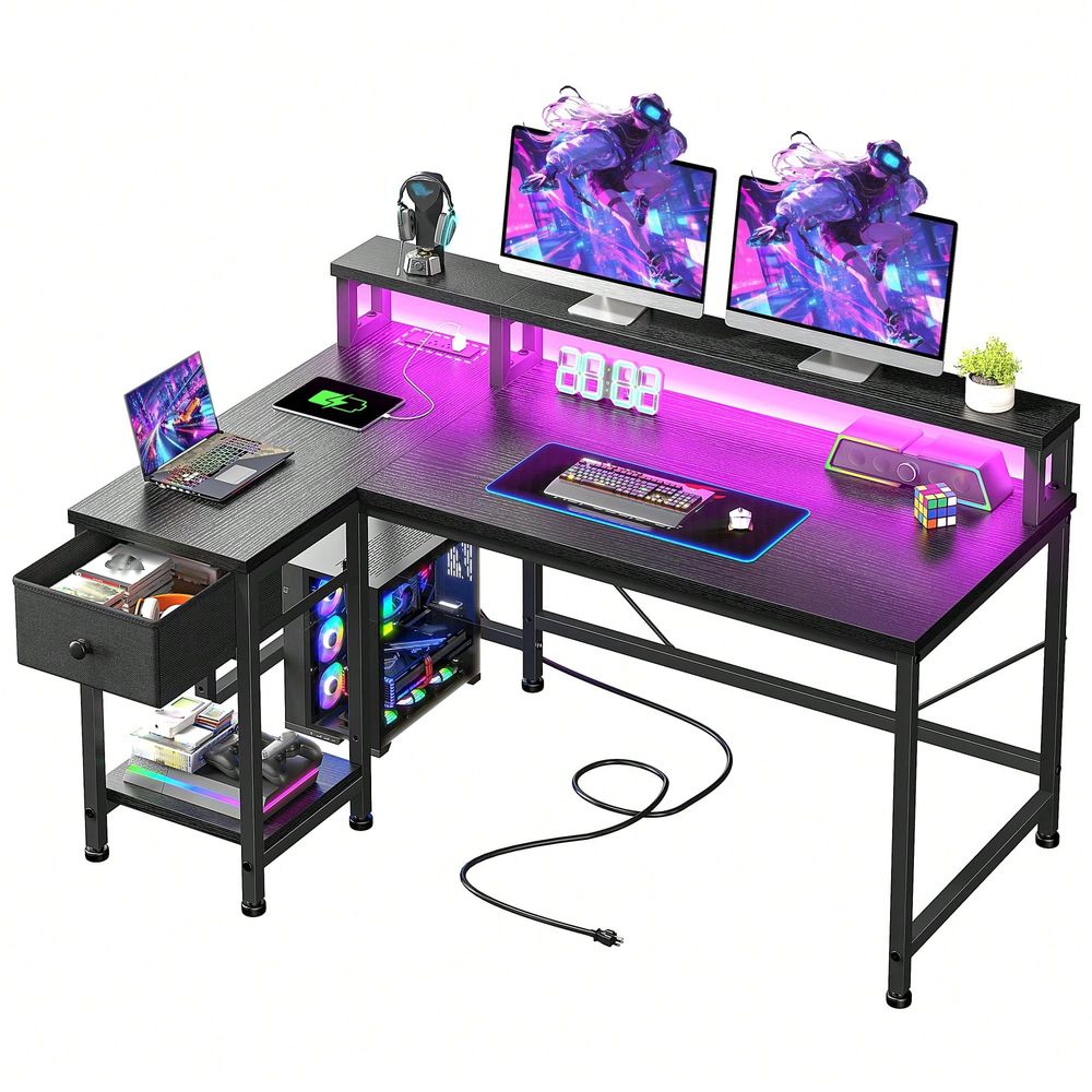 黒色のL字型ゲーミングデスク（電源コンセント付き）、LEDラ - Home Office L Shaped Desk のレビューと価格