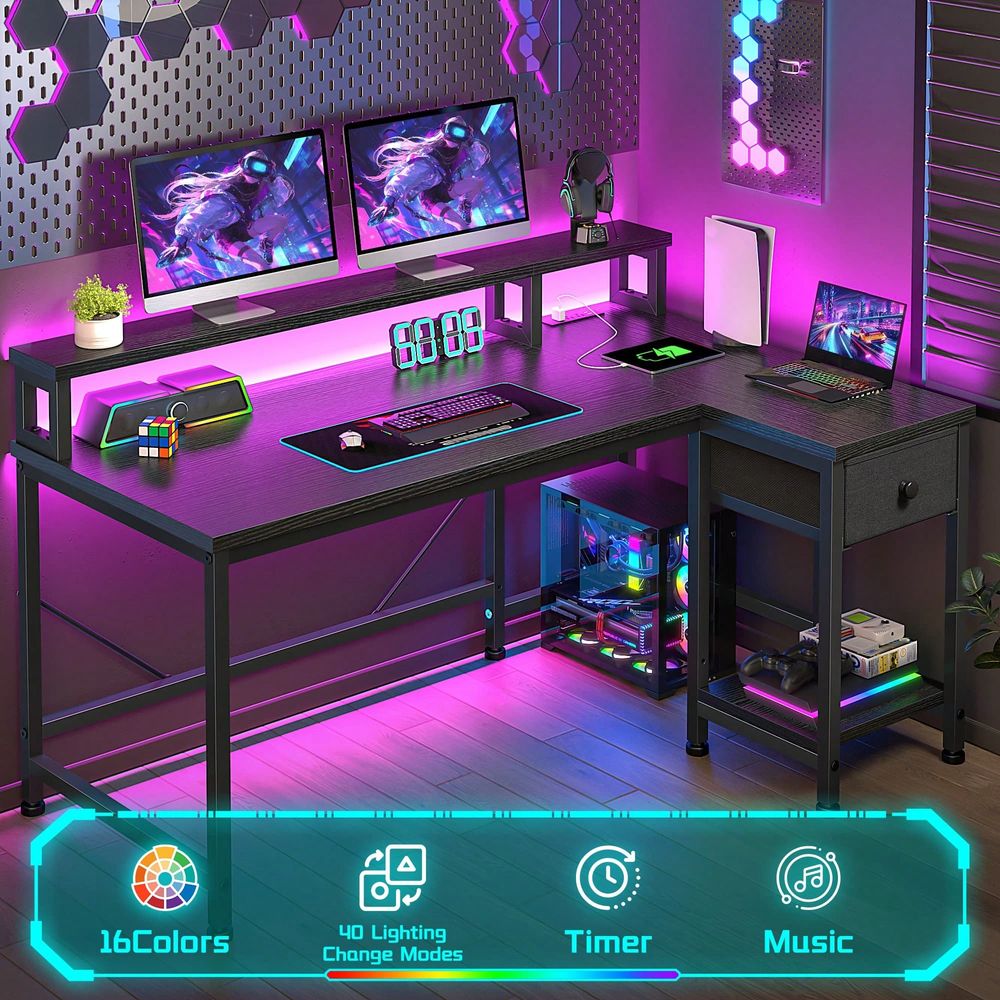 黒色のL字型ゲーミングデスク（電源コンセント付き）、LEDラ - Home Office L Shaped Desk のレビューと価格