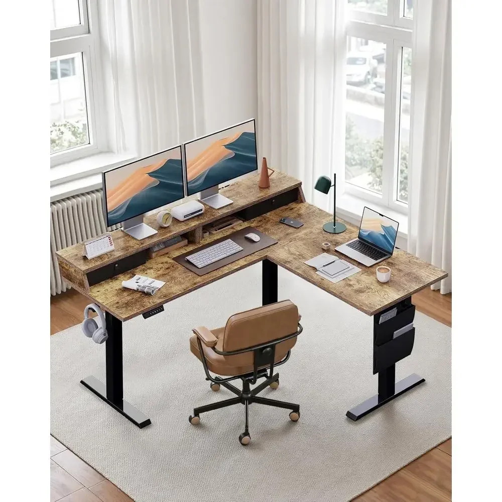 ヴィンテージブラウンL字型電動スタンディングデスク、63段階 - Home Office L Shaped Desk のレビューと価格