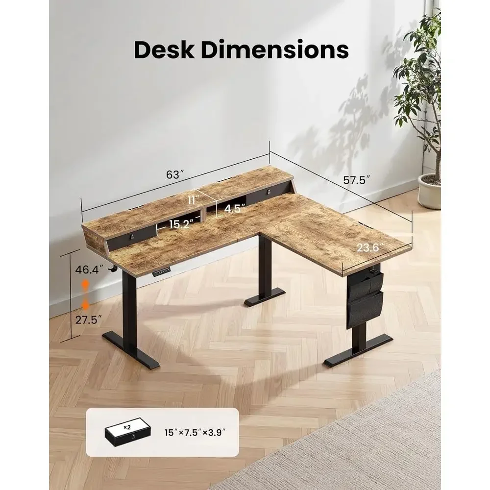 ヴィンテージブラウンL字型電動スタンディングデスク、63段階 - Home Office L Shaped Desk のレビューと価格
