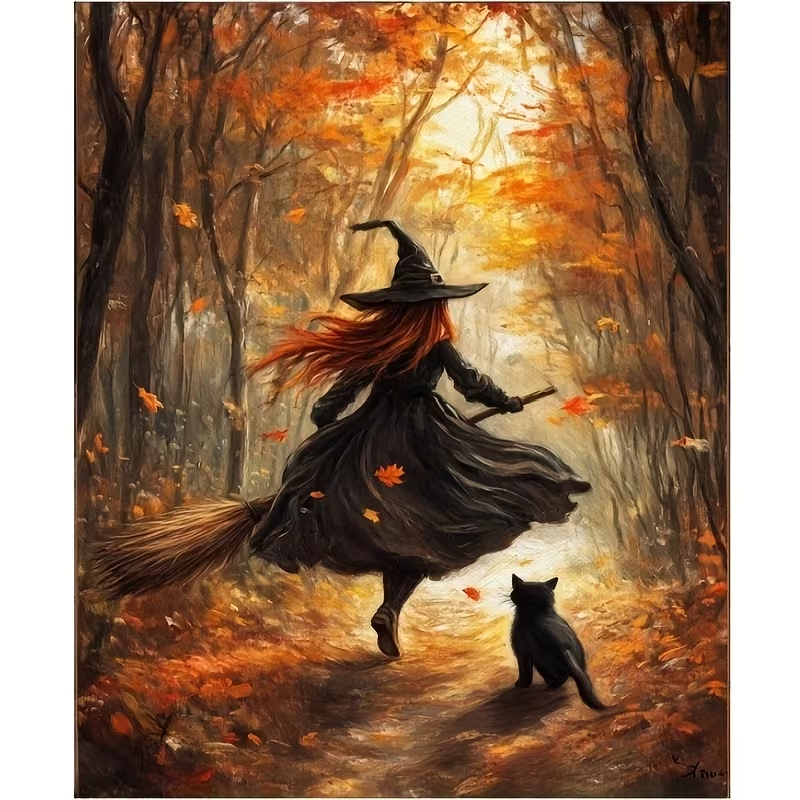 レトロなハロウィン秋の魔女がほうきに乗る壁アートプリントキャ - Home Office Photos のレビューと価格