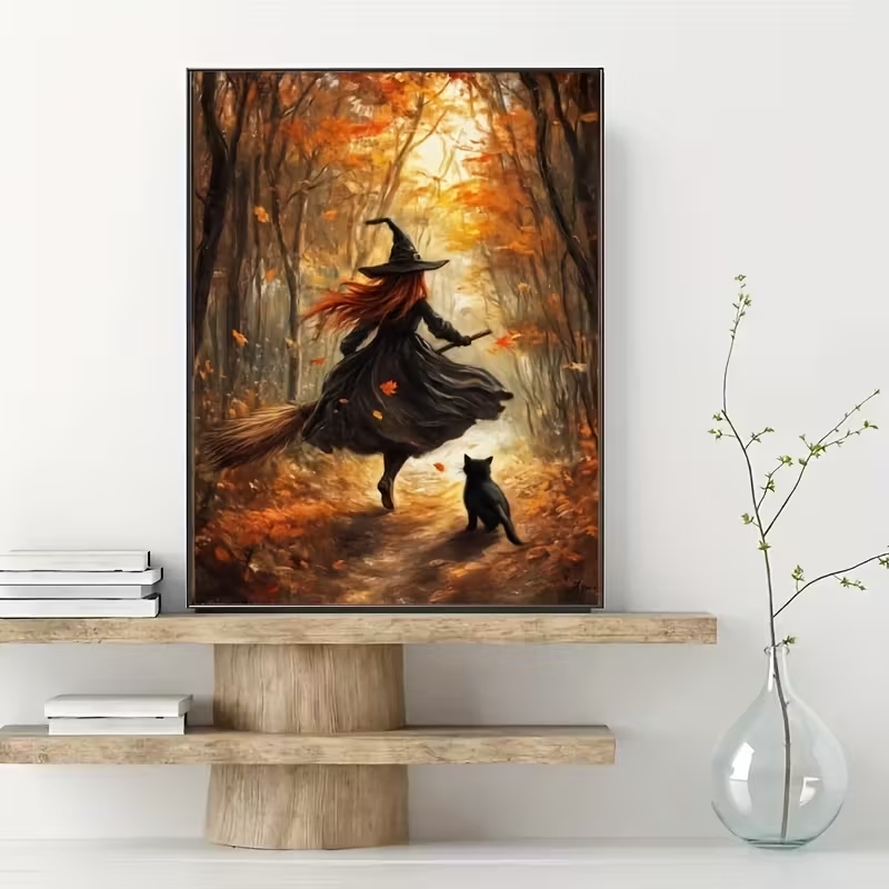 レトロなハロウィン秋の魔女がほうきに乗る壁アートプリントキャ - Home Office Photos のレビューと価格