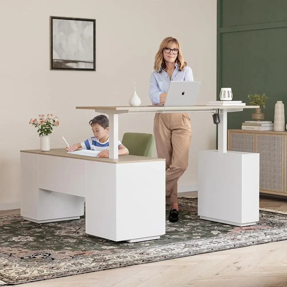 63インチL字型スタンディングデスク、3段引き出しキャビネッ - Home Office L Shaped Desk のレビューと価格