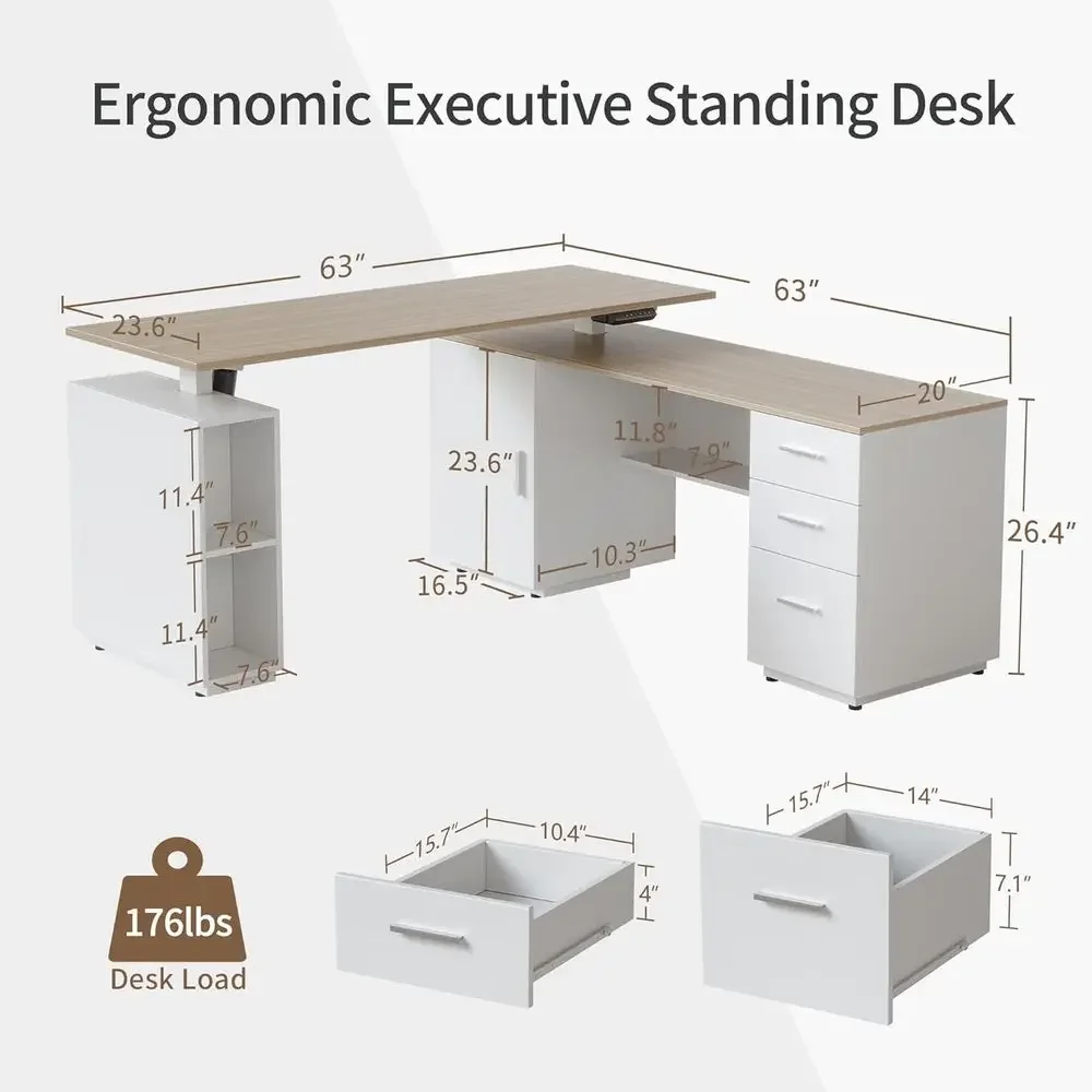 63インチL字型スタンディングデスク、3段引き出しキャビネッ - Home Office L Shaped Desk のレビューと価格