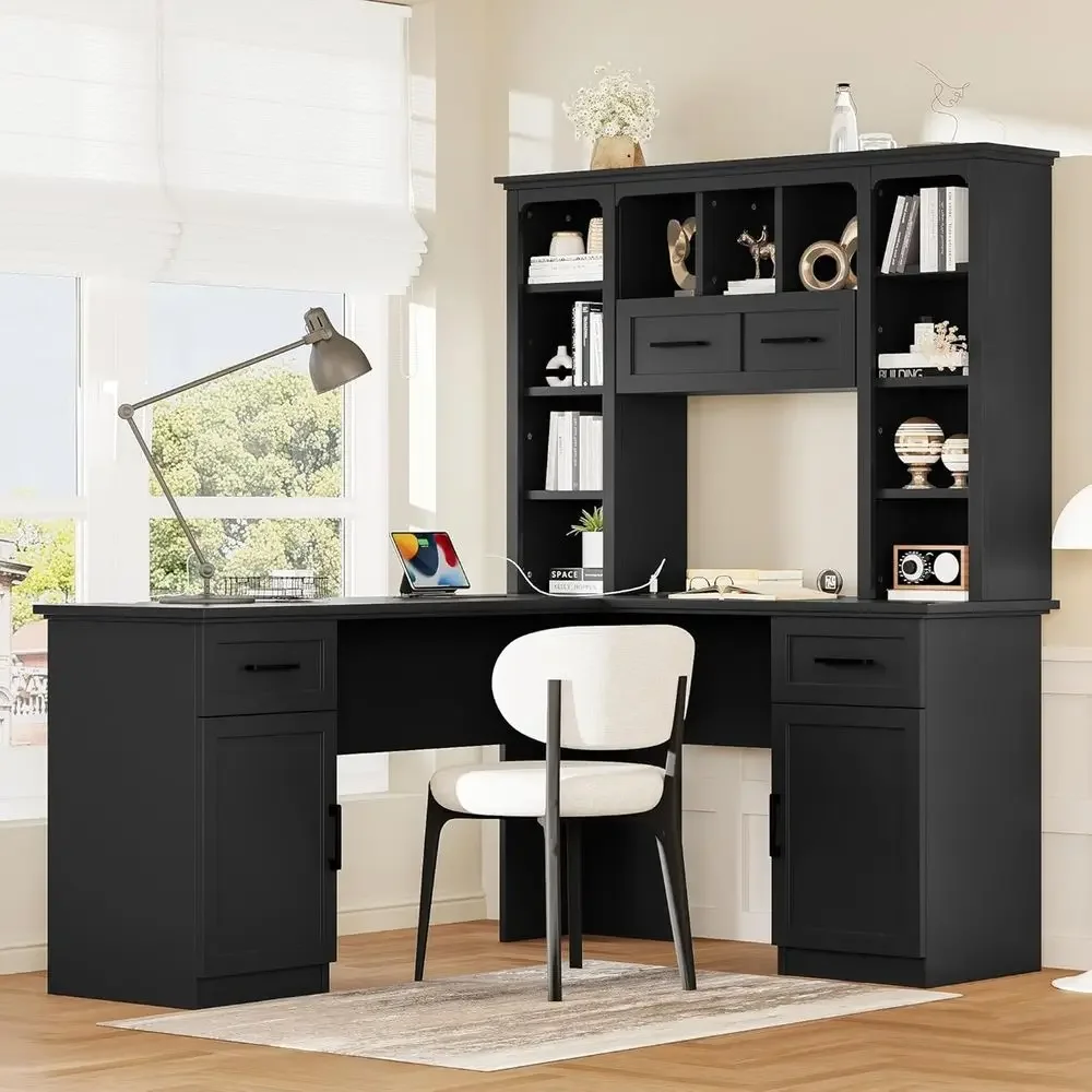 L字型オフィスデスク、収納付き、ハッチとオープンシェルフ付き - Home Office L Shaped Desk のレビューと価格