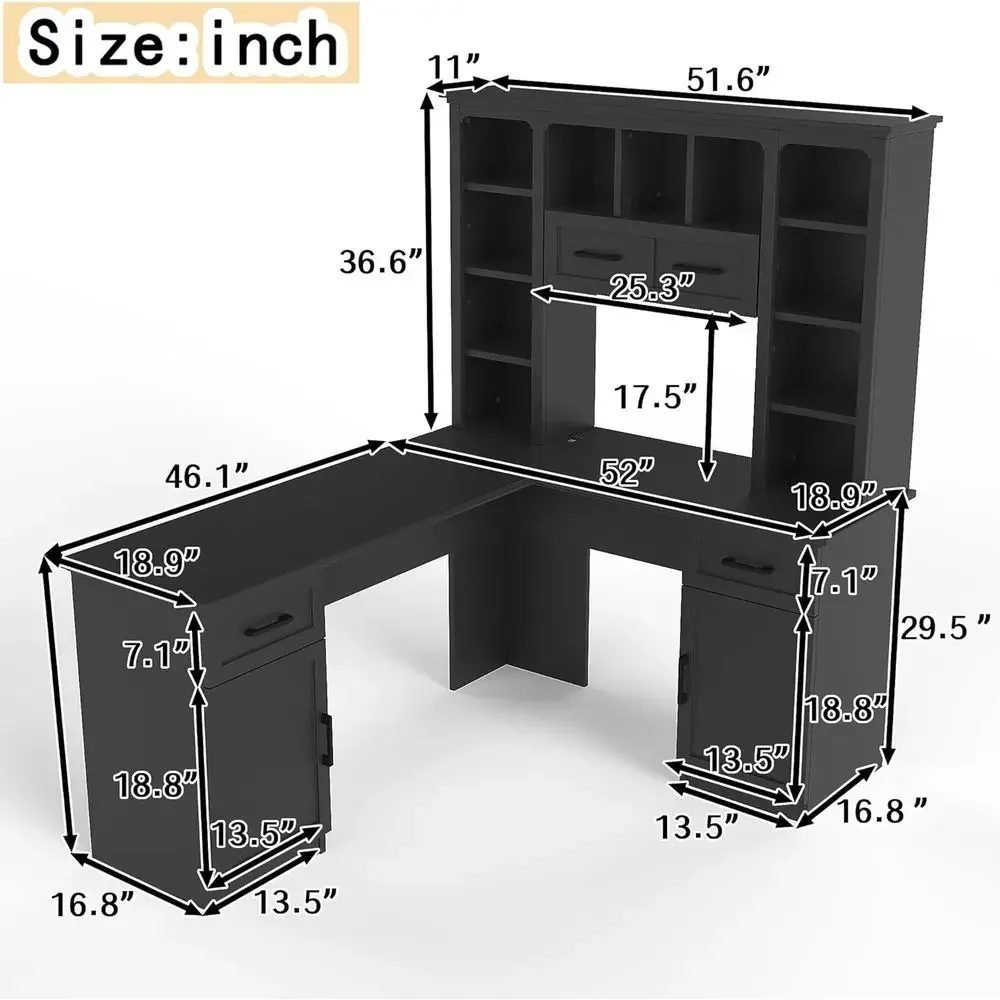 L字型オフィスデスク、収納付き、ハッチとオープンシェルフ付き - Home Office L Shaped Desk のレビューと価格
