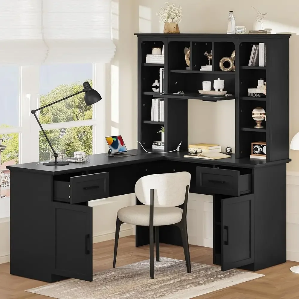 L字型オフィスデスク、収納付き、ハッチとオープンシェルフ付き - Home Office L Shaped Desk のレビューと価格