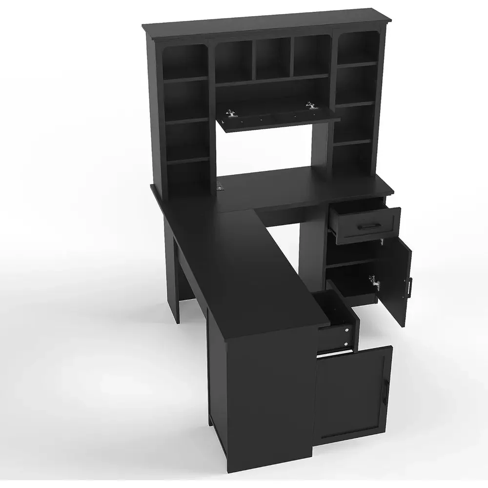 L字型オフィスデスク、収納付き、ハッチとオープンシェルフ付き - Home Office L Shaped Desk のレビューと価格
