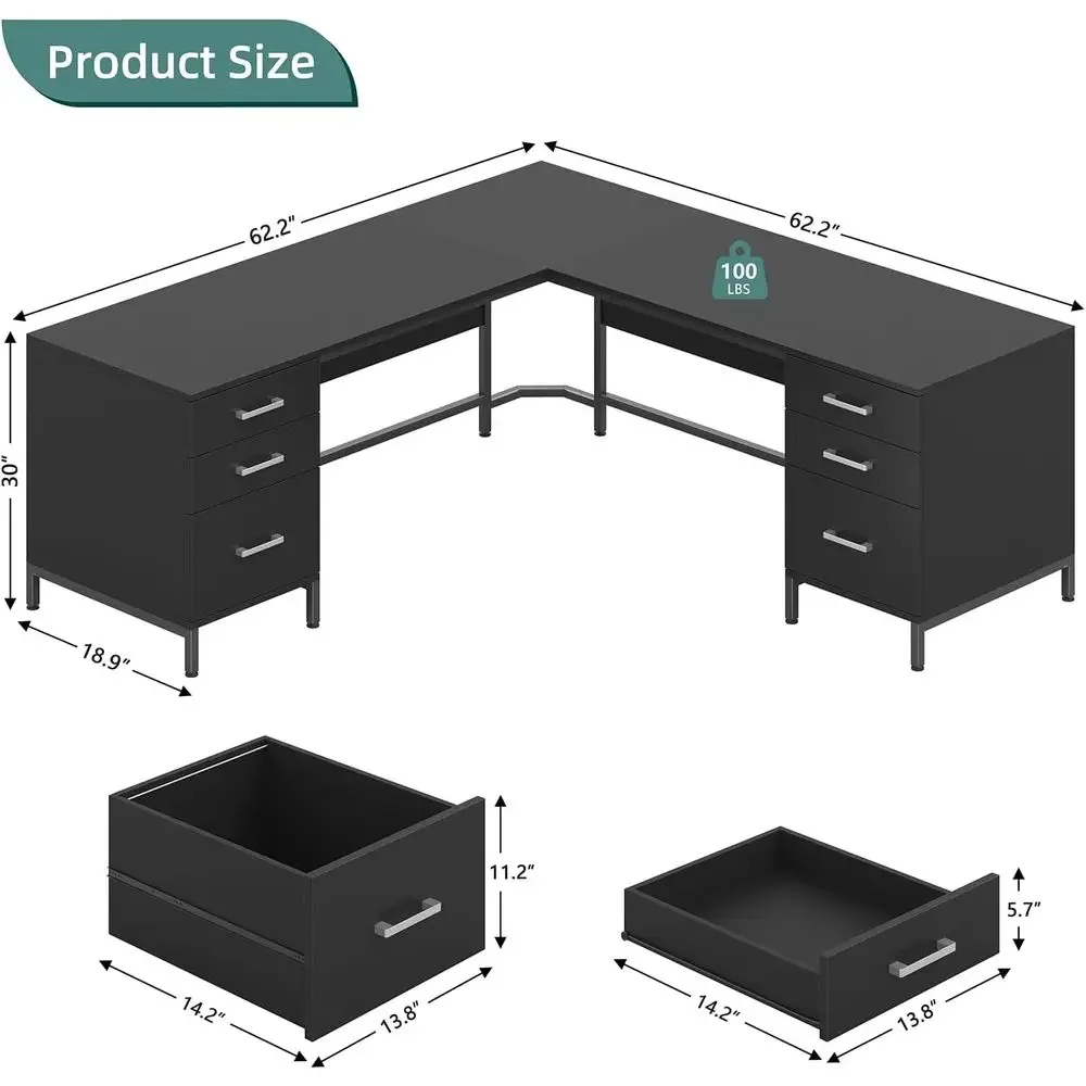 大型L字型木製デスク、収納キャビネット付き、ホームオフィス、 - Home Office L Shaped Desk のレビューと価格