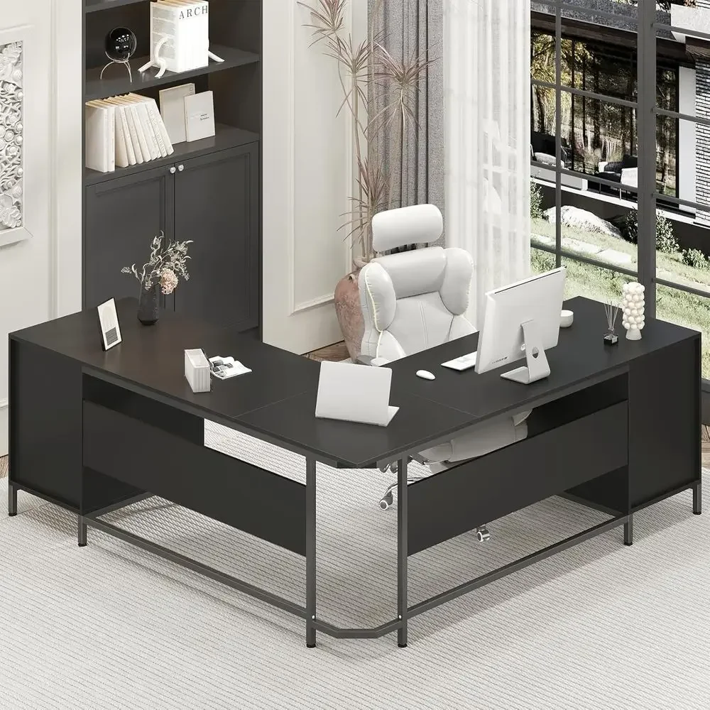 大型L字型木製デスク、収納キャビネット付き、ホームオフィス、 - Home Office L Shaped Desk のレビューと価格