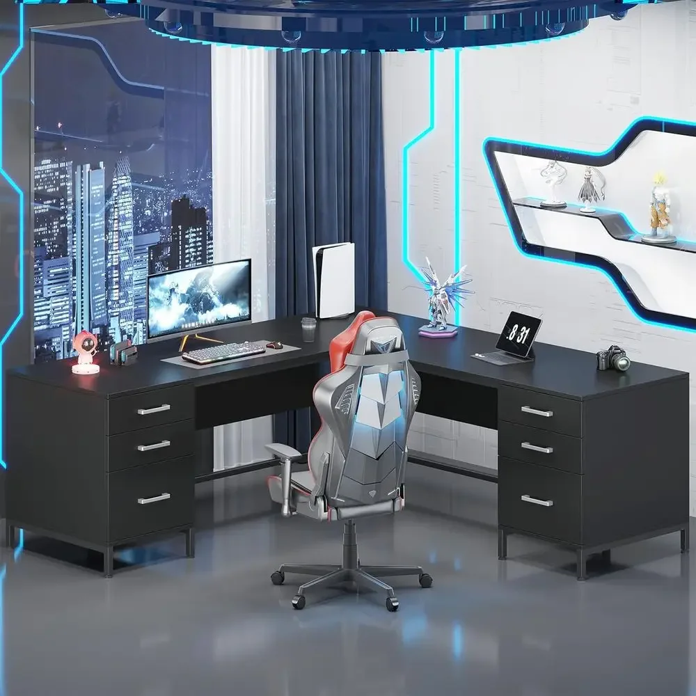 大型L字型木製デスク、収納キャビネット付き、ホームオフィス、 - Home Office L Shaped Desk のレビューと価格