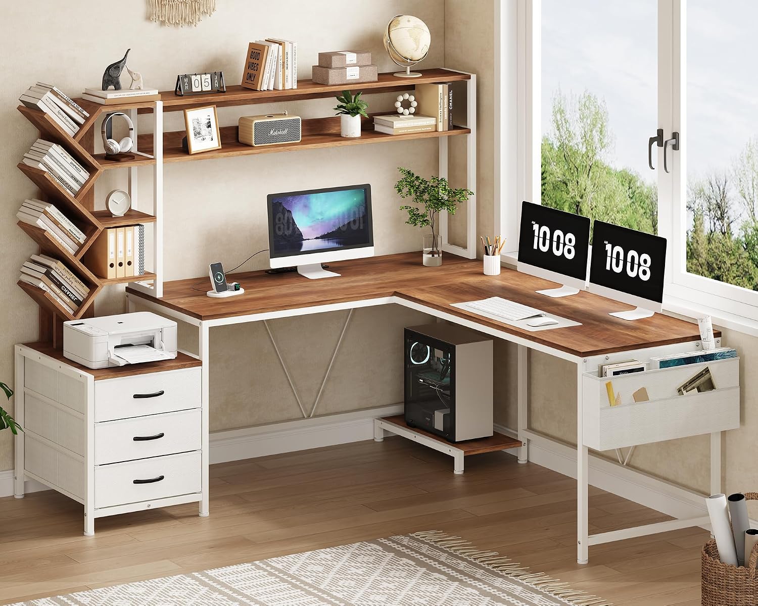 63インチ L字型デスク（本棚、引き出し、上段棚付き）ホーム - Home Office Bookshelves のレビューと価格