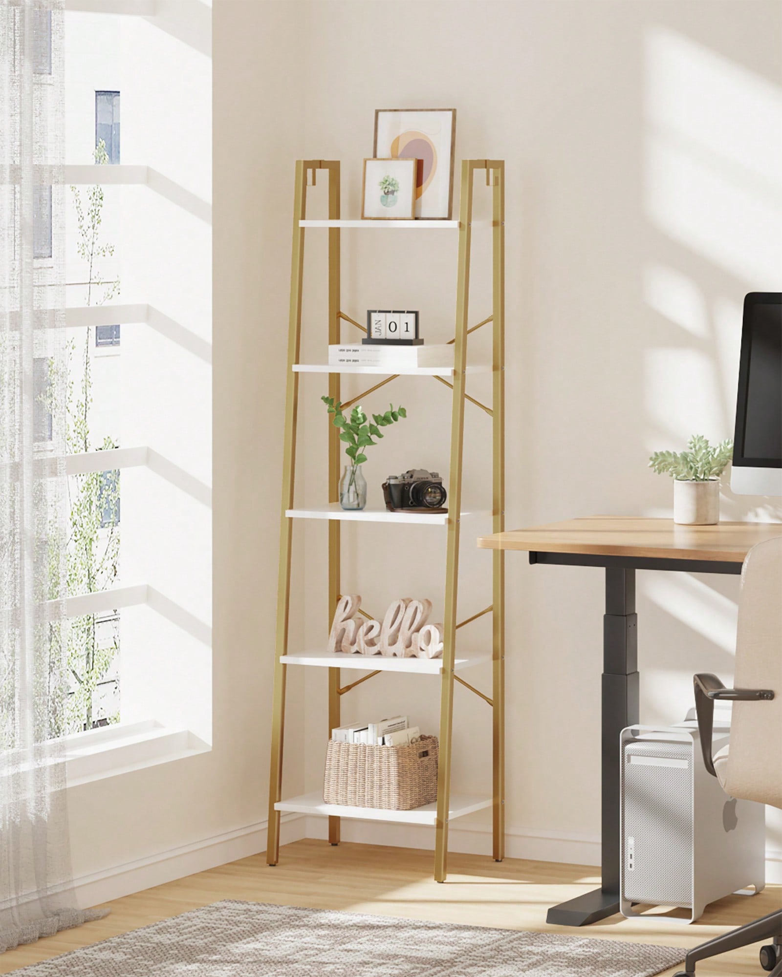 5段ラダーシェルフ モダン グラム ホワイトゴールド ブック - Home Office Bookshelves のレビューと価格