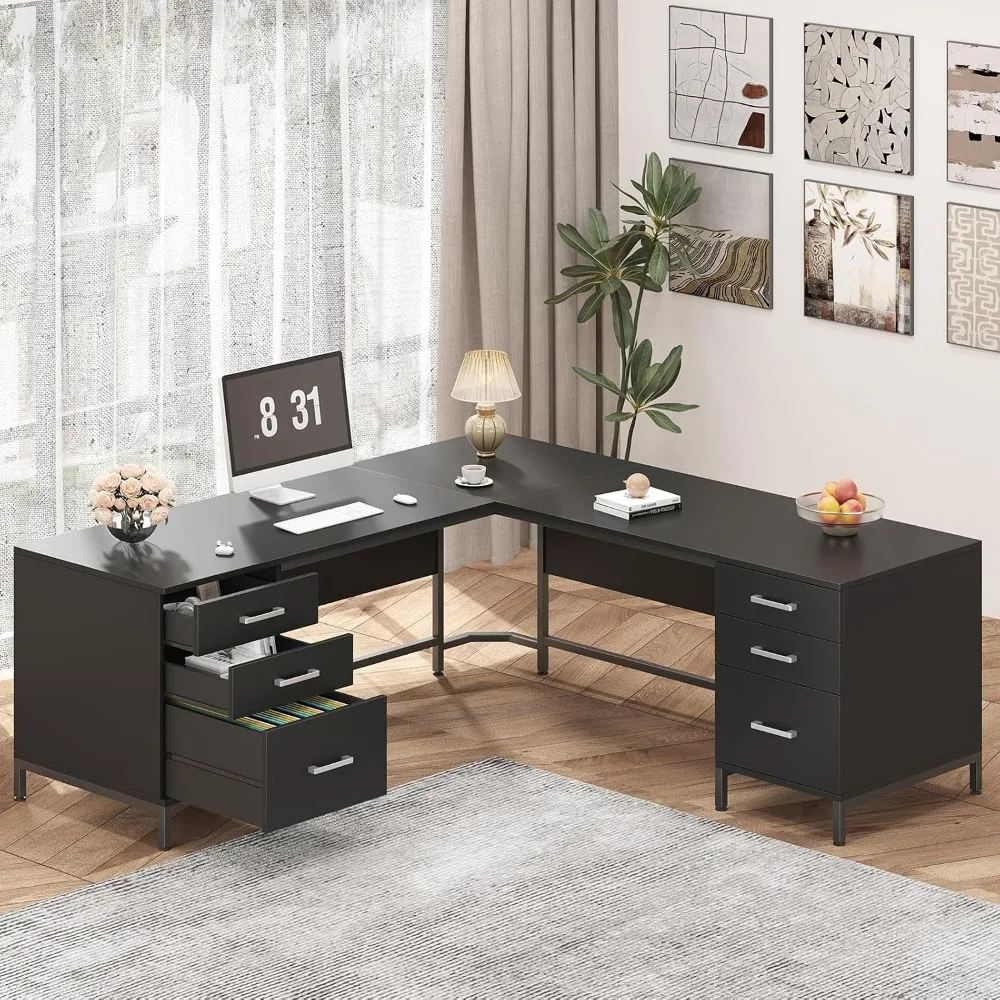 TVU 59インチ L字型デスク、木製引き出し6個付き、大型 - Home Office L Shaped Desk のレビューと価格
